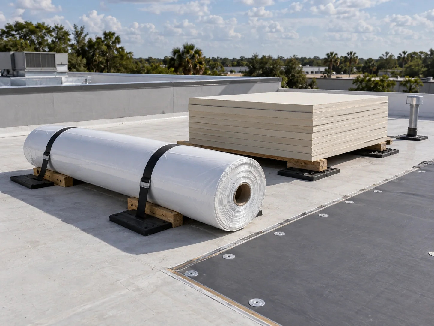 Membrane roll and insulation boards staged beside a roof work area.