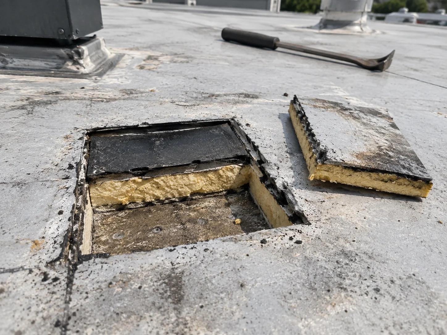 Small test opening exposing membrane and insulation in an aging roof.