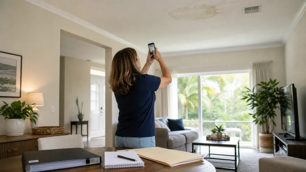 Florida homeowner safely photographing a ceiling water stain while organizing claim records