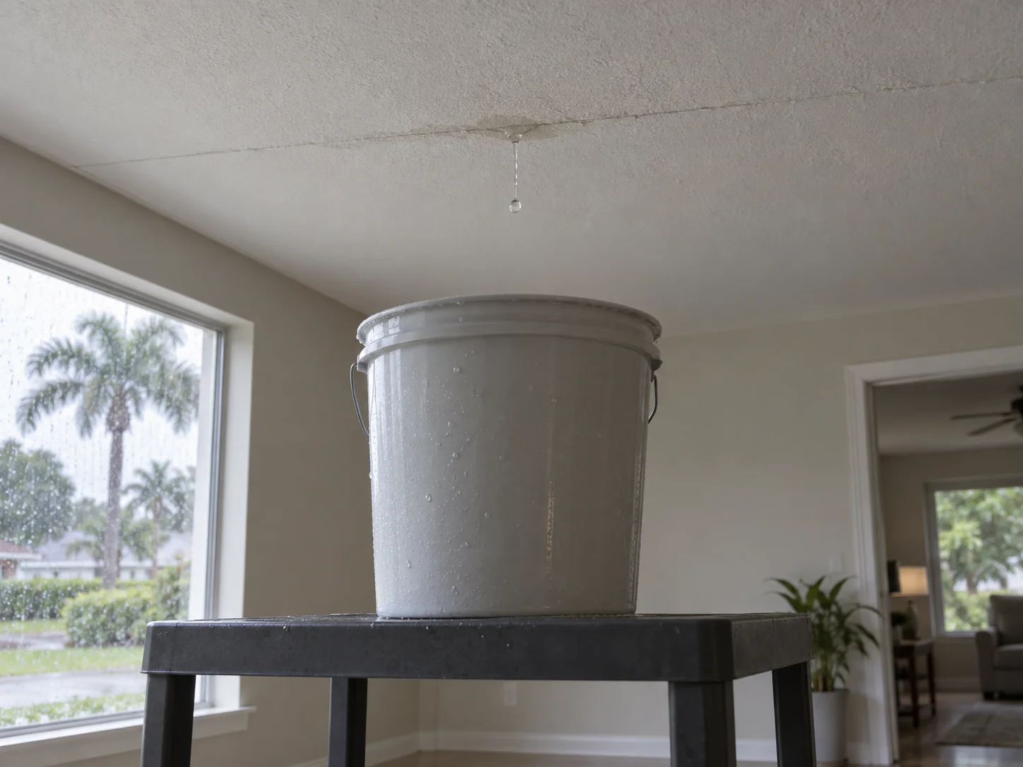 A droplet falls from a damp ceiling seam into a bucket.