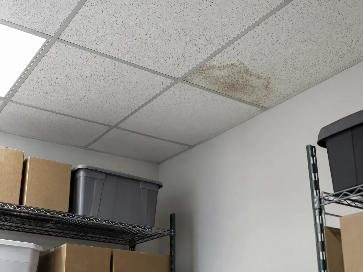 Localized water stain on a commercial storeroom ceiling.