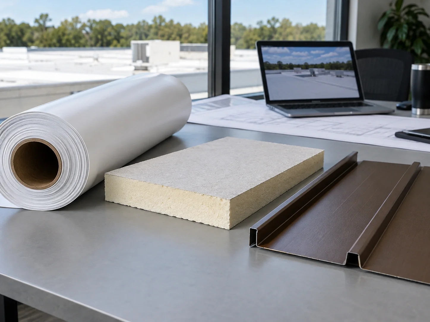 Membrane, insulation and metal panel samples on a project table.