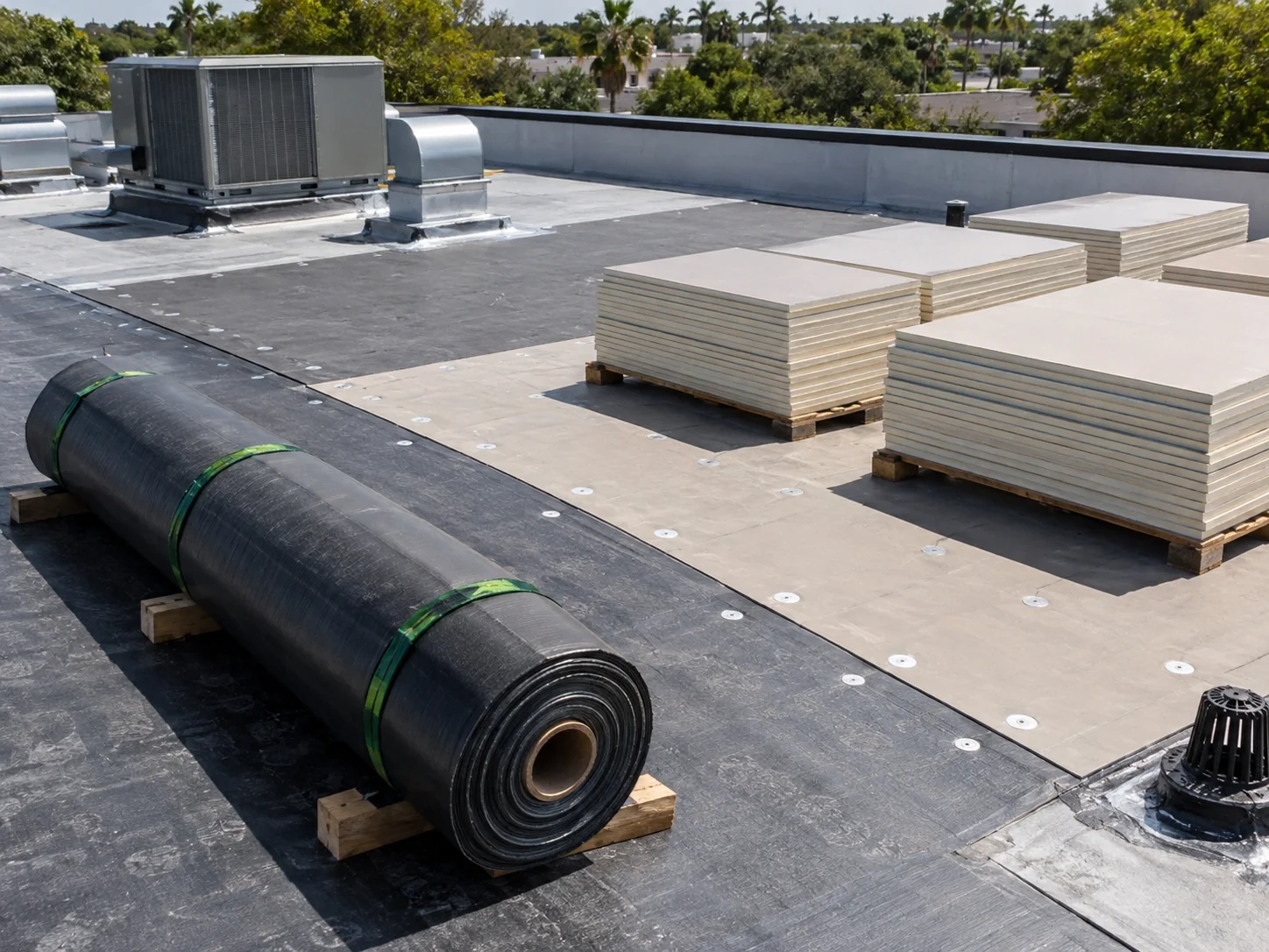 Membrane roll and rigid insulation boards beside a roof installation area.