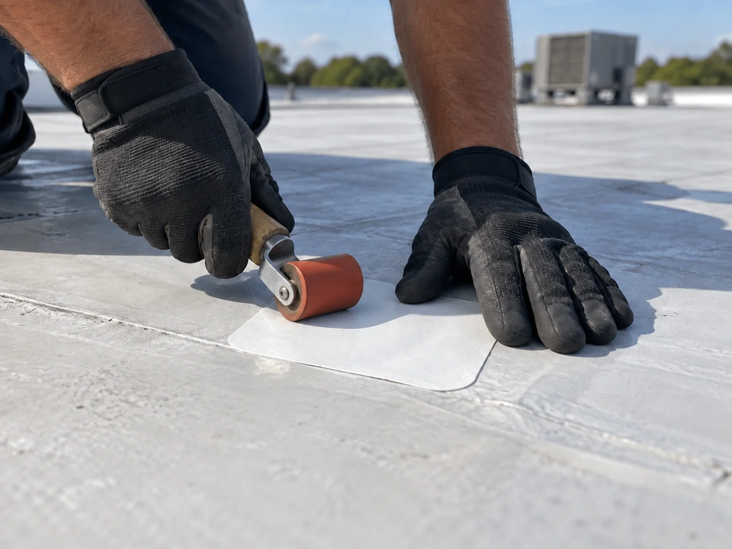 Gloved hands rolling a small patch over a membrane puncture.