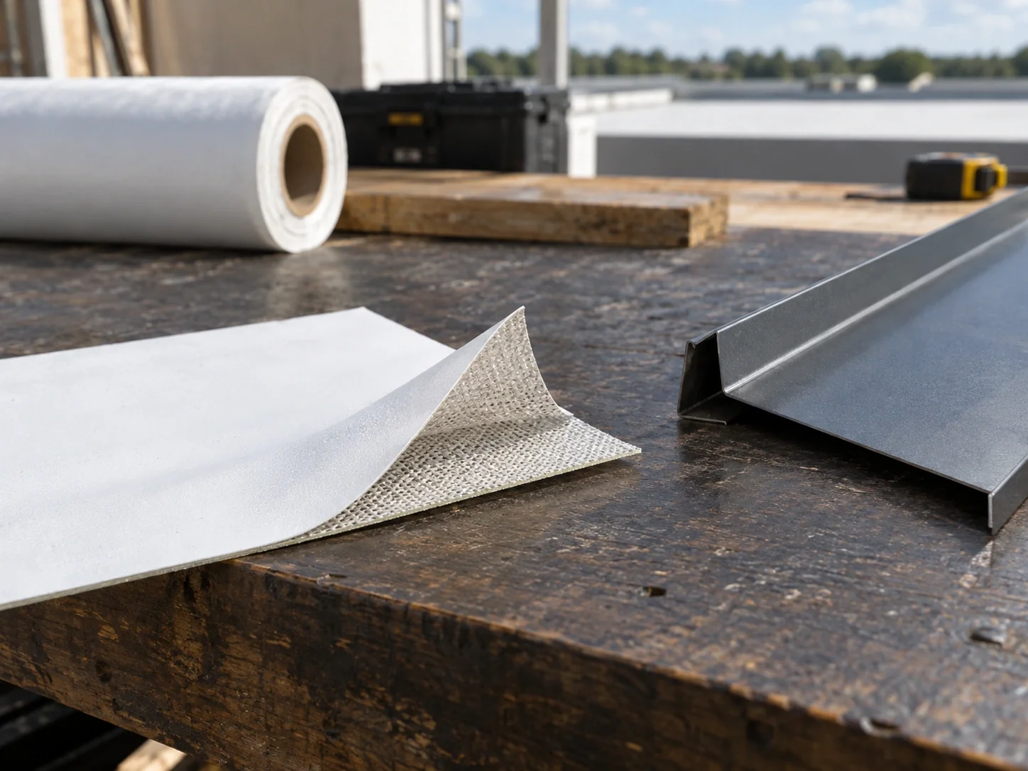 Membrane backing and a metal panel edge on a workshop bench.