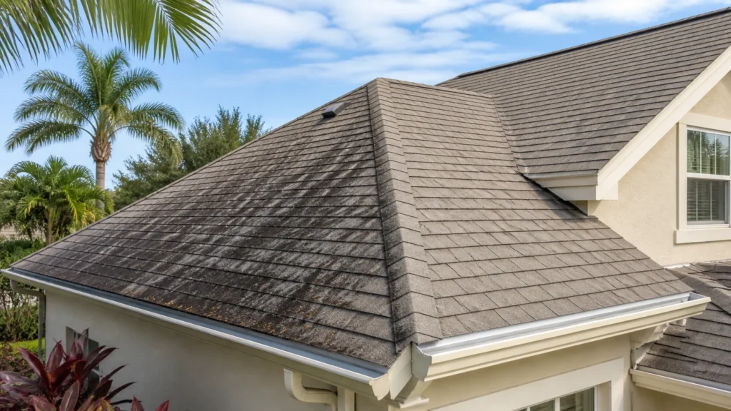 Florida asphalt-shingle roof with dark streaking across one roof plane