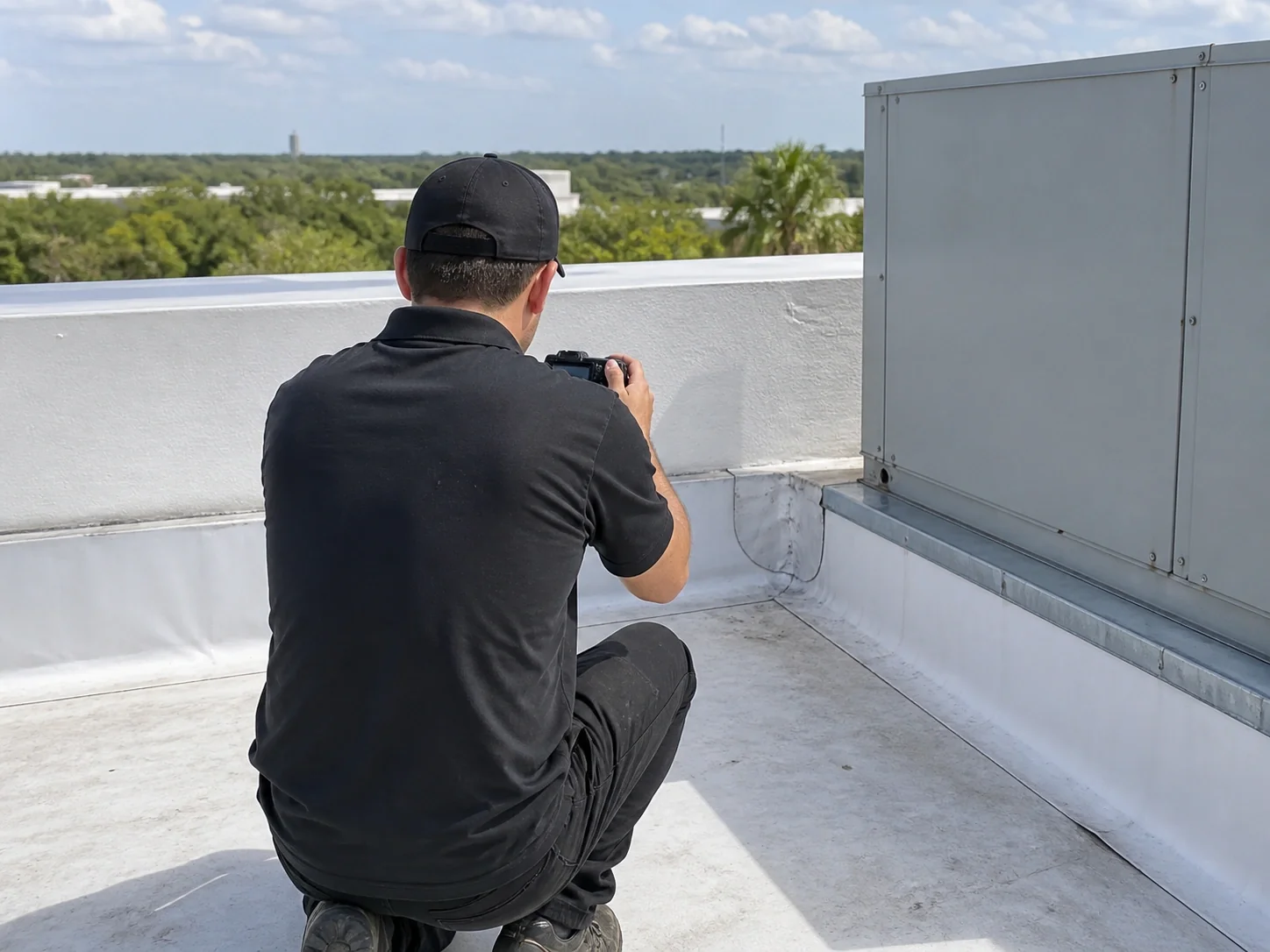 Inspector viewed from behind examining a membrane termination at a parapet.