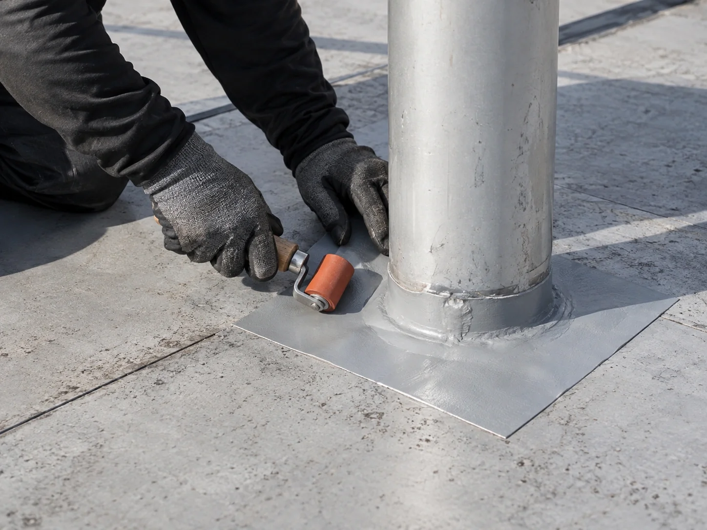 Gloved hands rolling a membrane flashing patch around a roof pipe.