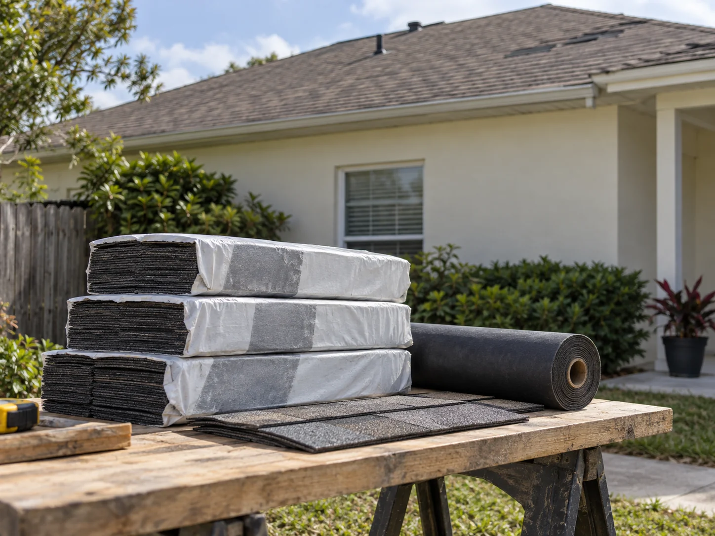 Shingle bundles and underlayment staged beside a home with an older roof patch.