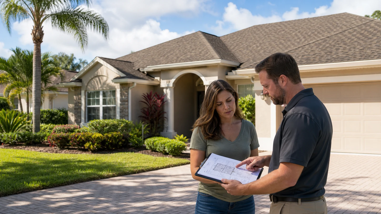 Apopka homeowner and roofing professional reviewing a roof estimate from the driveway