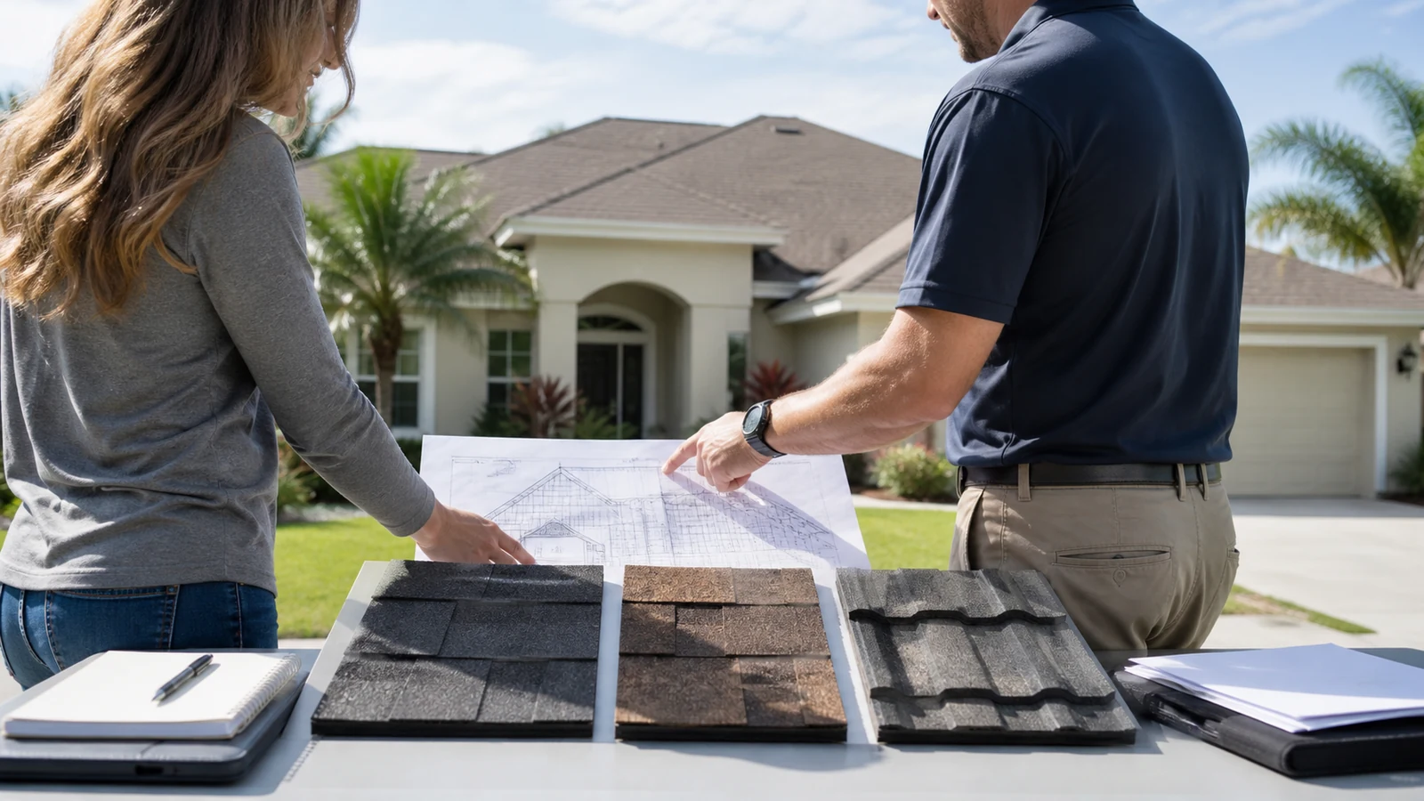 Homeowner and roofing professional comparing a roof plan and material samples