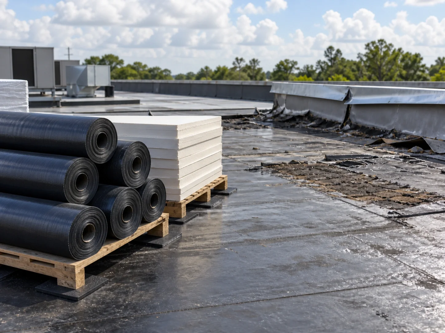 New membrane rolls and insulation staged beside an aging industrial roof area.