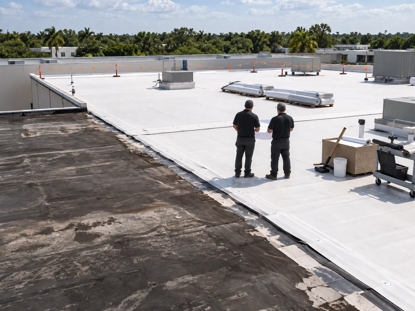 Distant crew reviewing a plan beside an old membrane edge and replacement work area.