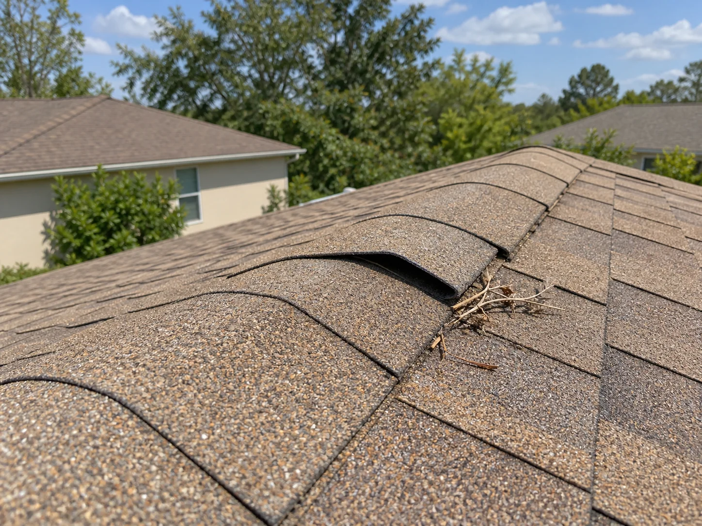 A lifted ridge-cap shingle with a few small twigs nearby.