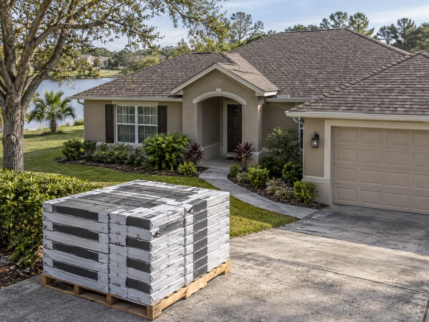 Roofing materials staged beside a driveway before a residential roof replacement.