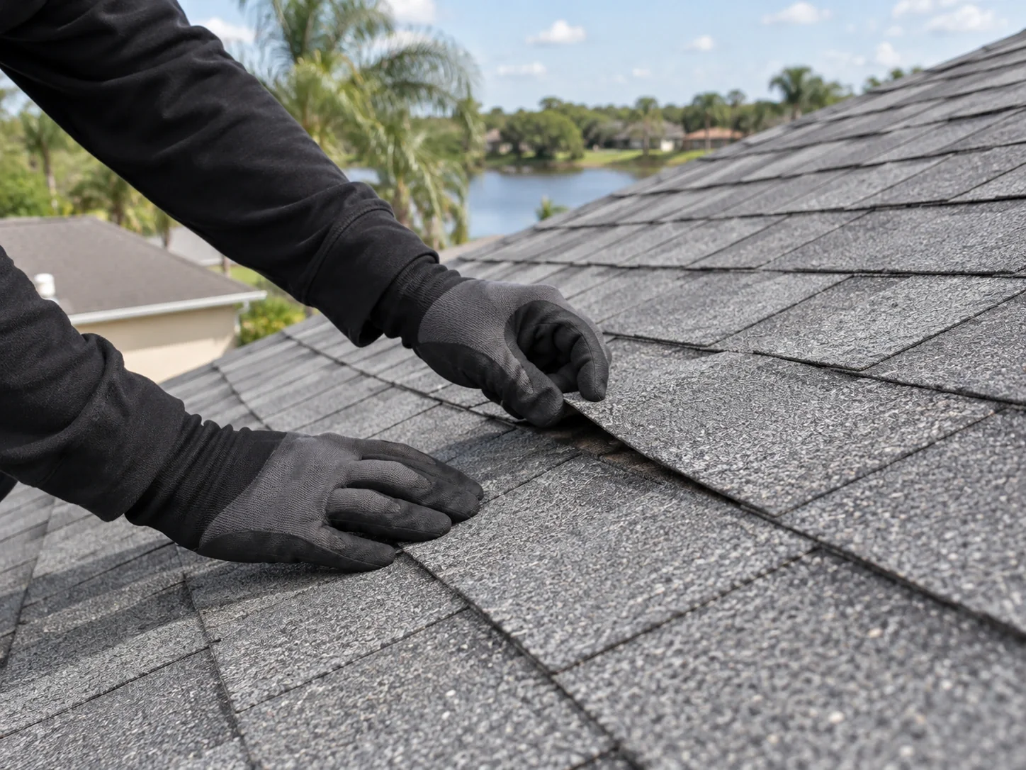Gloved hands checking a lifted shingle edge on a residential roof.