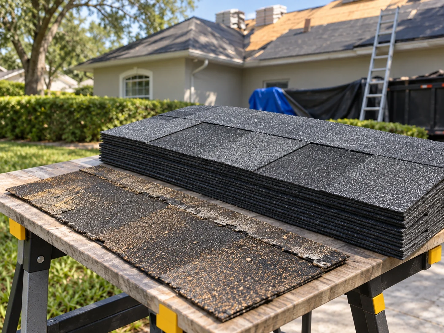 New asphalt shingles beside a weathered shingle sample on a workbench.