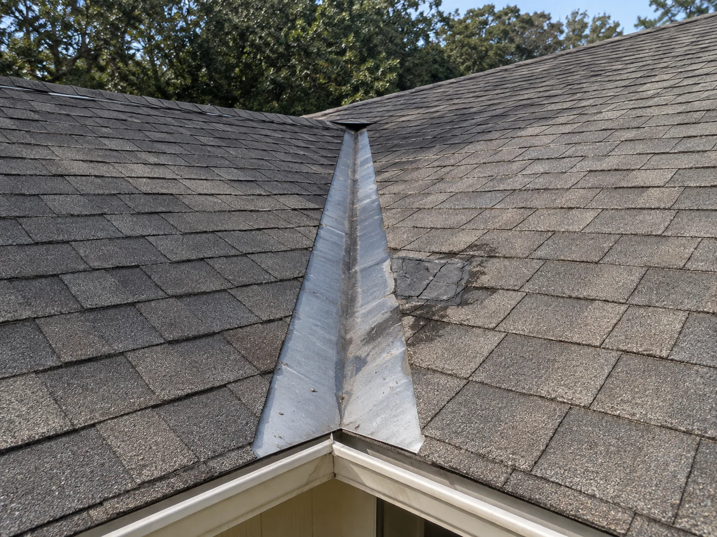 Split sealant and dark moisture marks beside an older roof-valley patch.