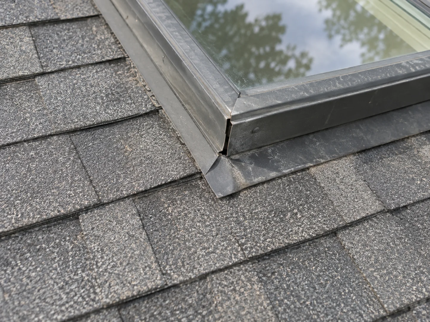 A small gap at the corner flashing of a skylight.