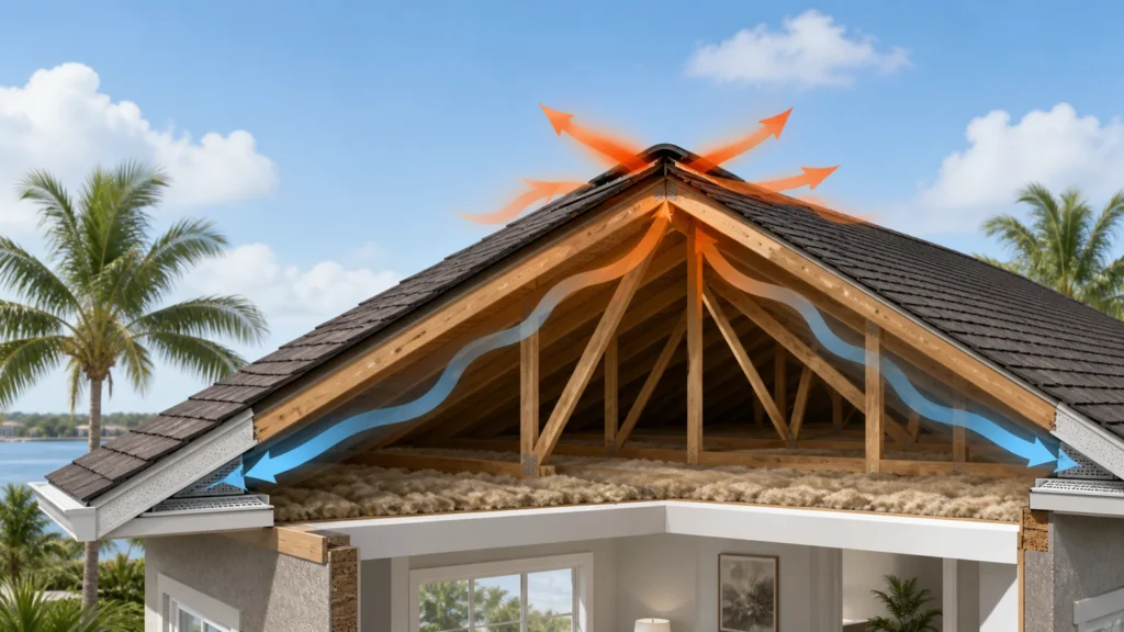 Cutaway illustration showing soffit intake and ridge exhaust airflow through a Florida attic
