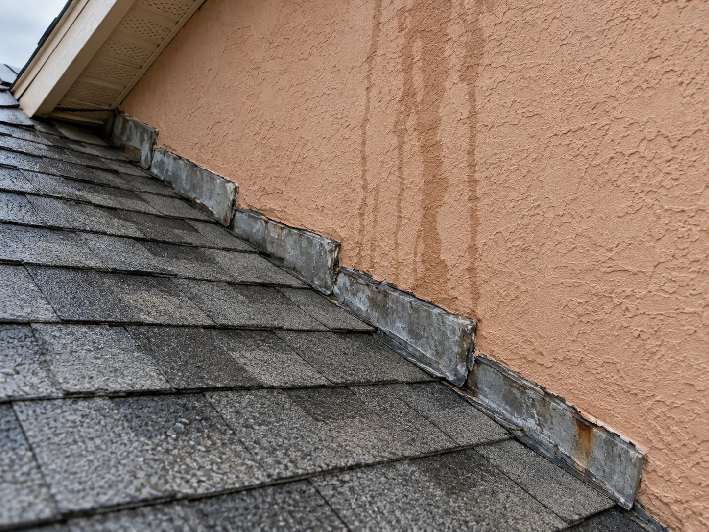 Water tracks along a stucco wall above a roof flashing junction.