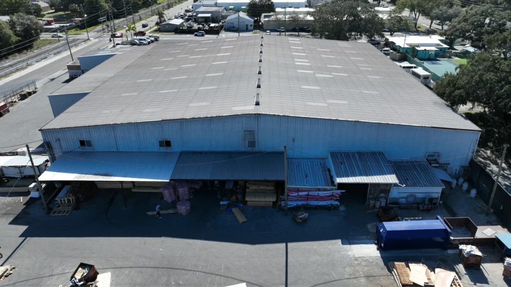 Aerial view of the completed R-panel storage roof in Safety Harbor