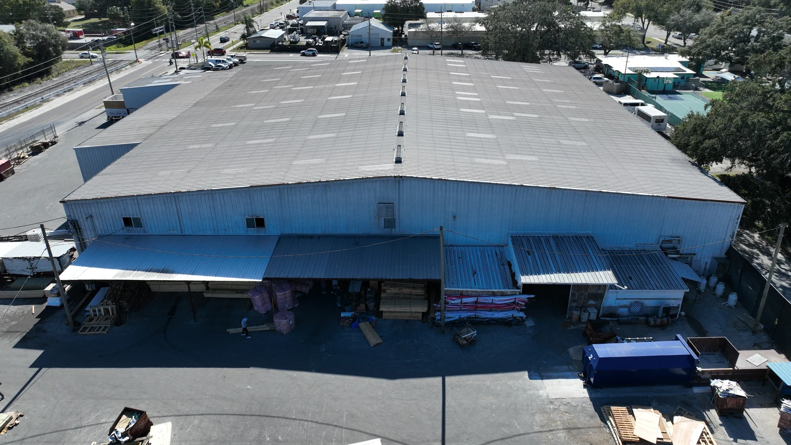 Aerial view of the completed R-panel storage roof in Safety Harbor