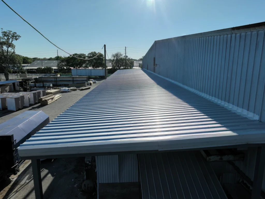 Close view of the completed R-panel metal roof