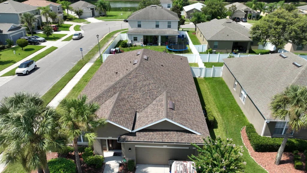 Front aerial view of the completed Sanford shingle roof