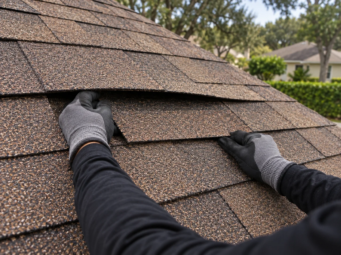 Gloved hands positioning a replacement shingle in a small repair area.