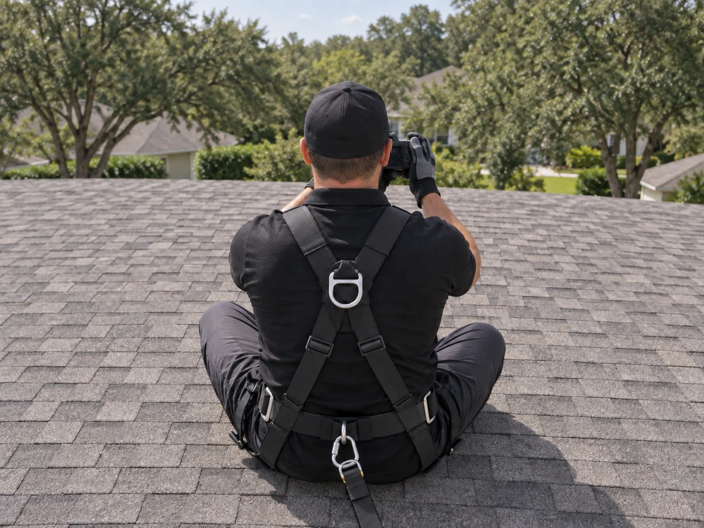 Inspector viewed from behind photographing asphalt-shingle condition.