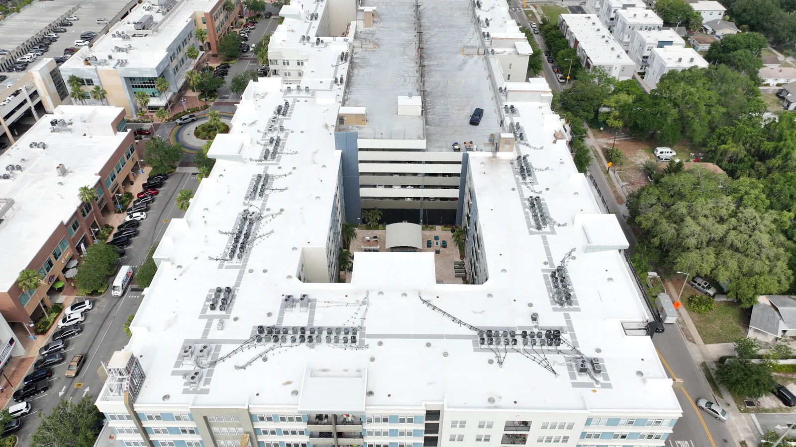 Aerial view of the completed GAF TPO roof in SoDo, Orlando