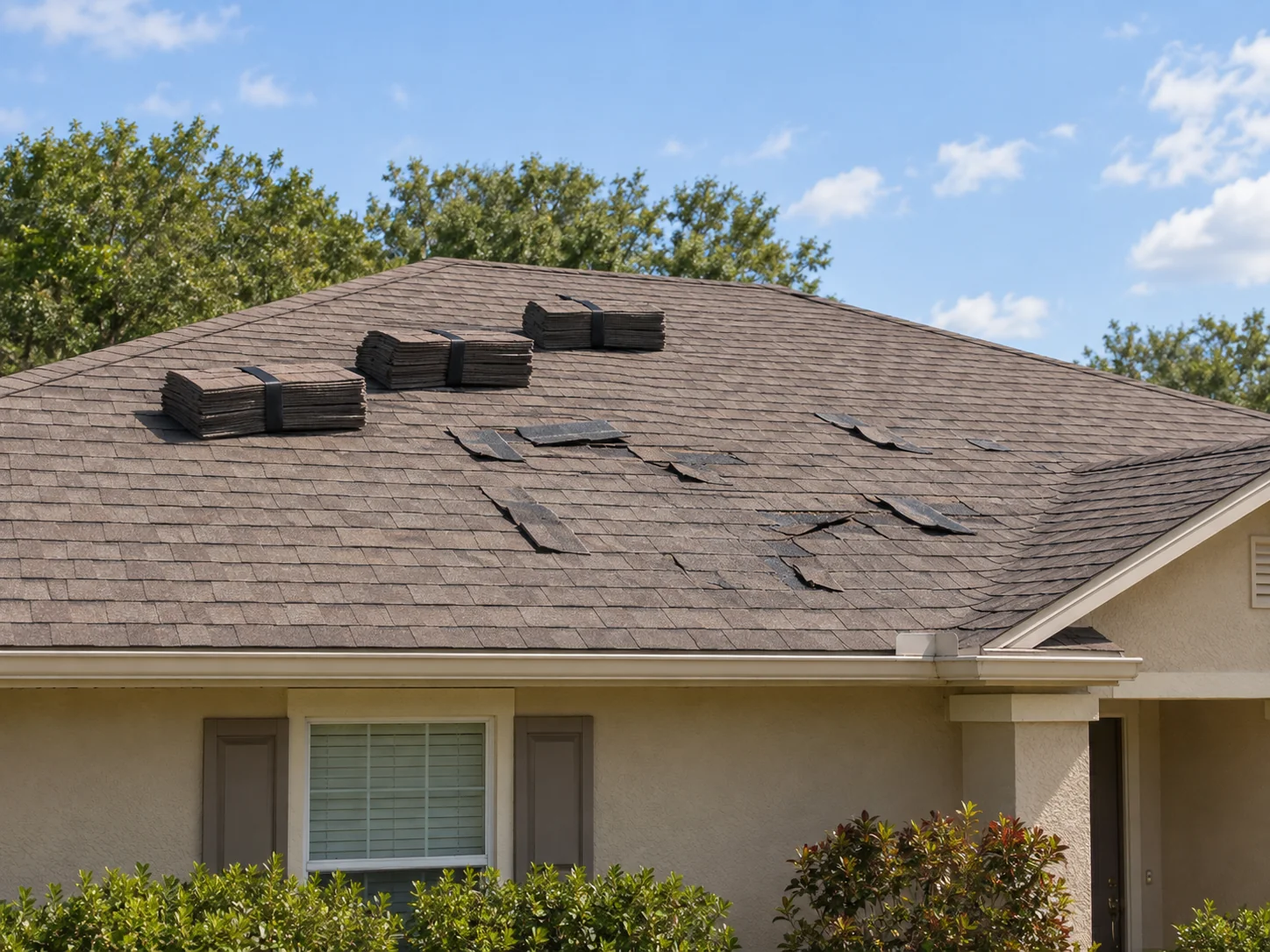 Secured shingle bundles beside a roof area with scattered shingle damage.