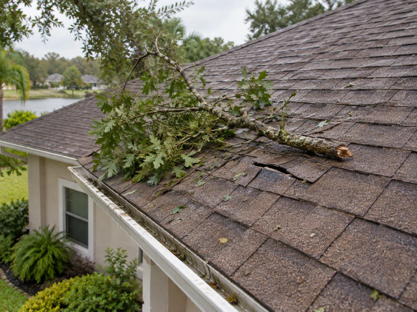 A small fallen branch rests on scuffed and cracked roof shingles.