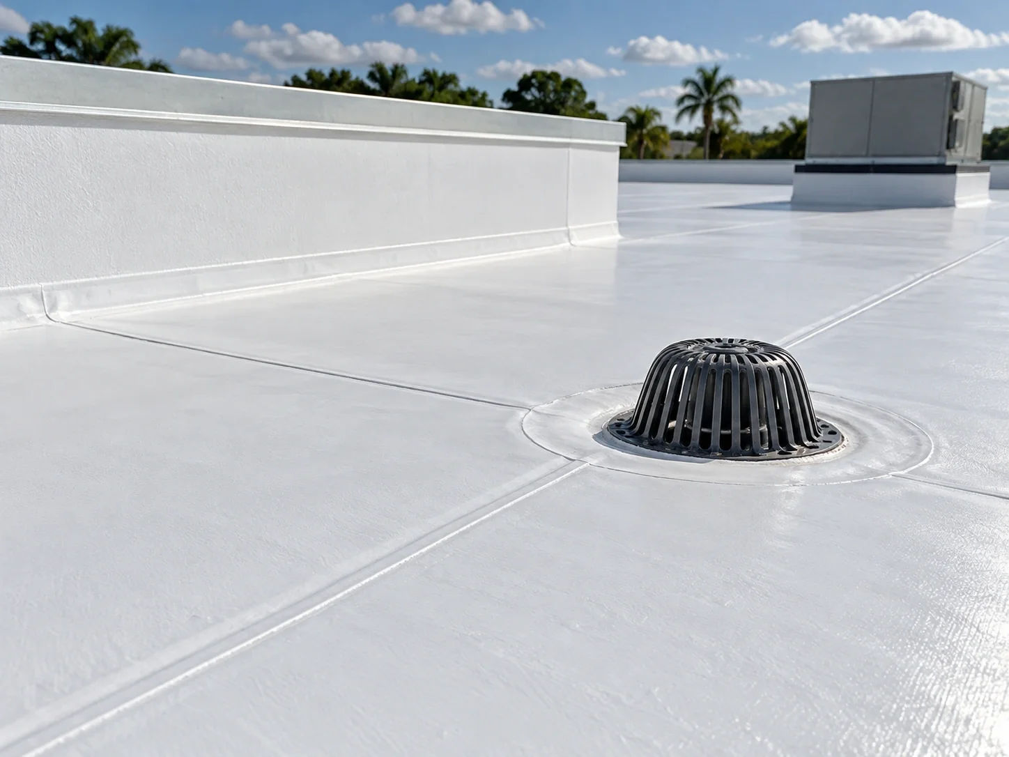 White TPO roof with welded seams, a drain and parapet flashing.