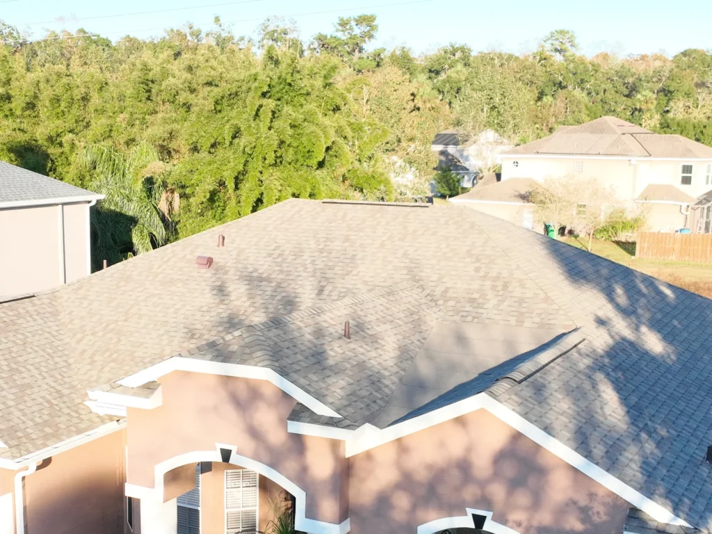 Roof-focused oblique aerial view of the completed Tuskawilla roof