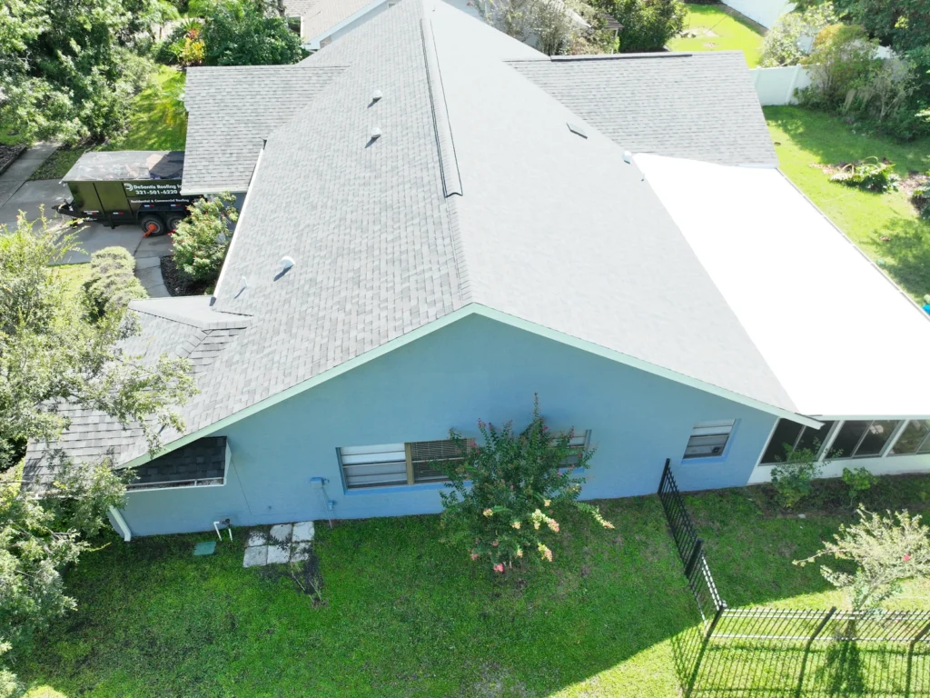 Side aerial view of the Tuskawilla pitched and flat roof areas
