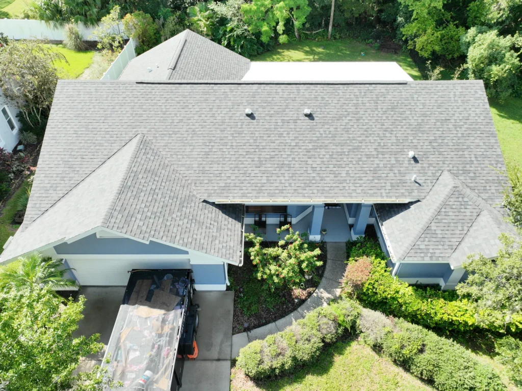 Front aerial view of the Tuskawilla roof and Florida-room section