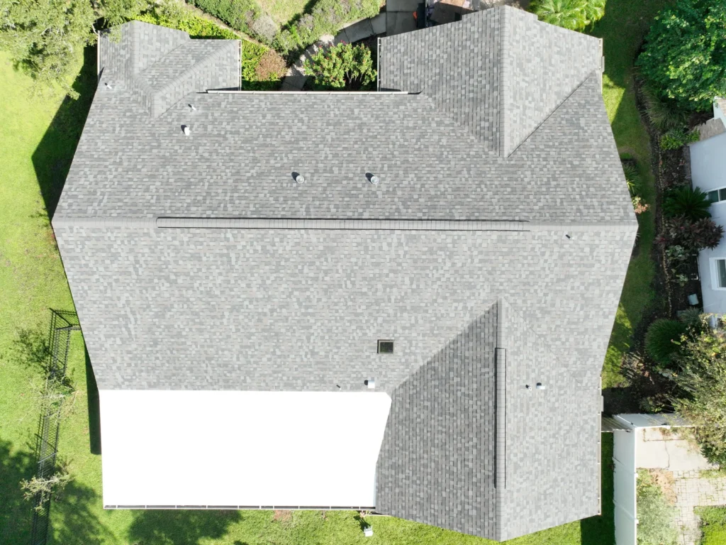 Top-down aerial view of the completed Tuskawilla roof