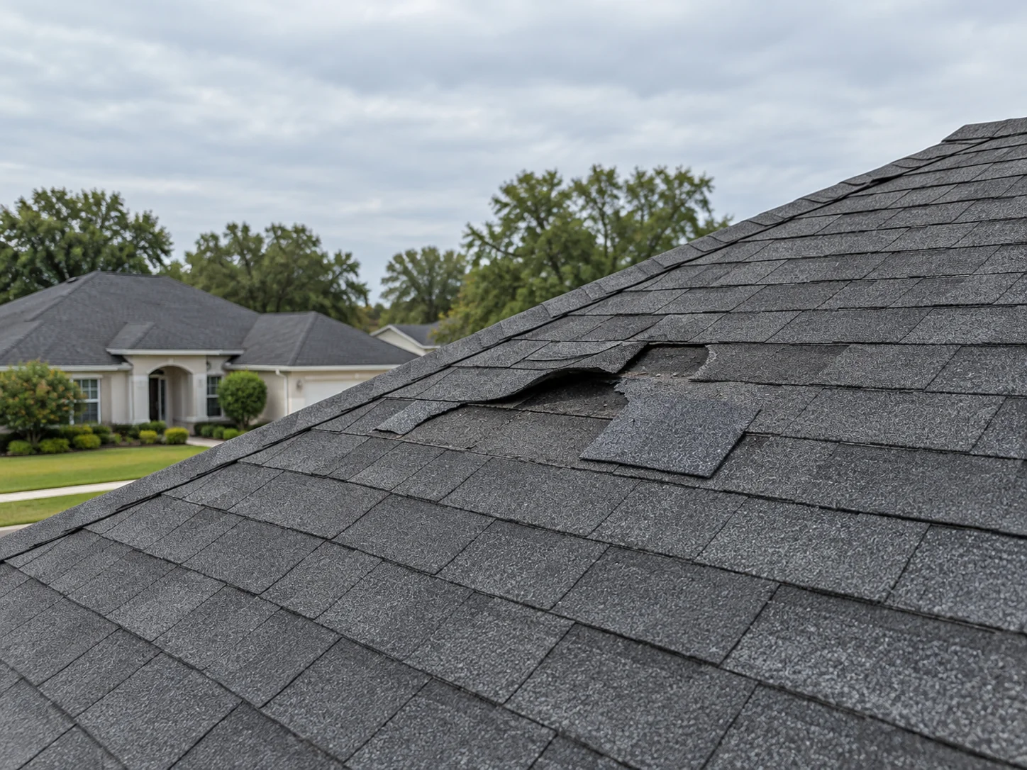 Lifted and missing shingle tabs on a residential roof slope.
