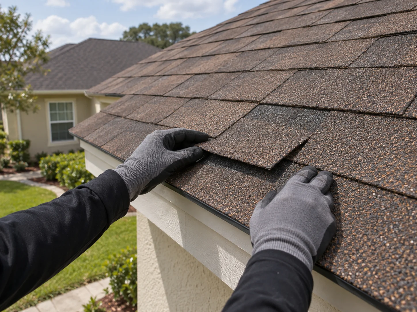 Gloved hands align displaced shingle tabs at a roof eave.