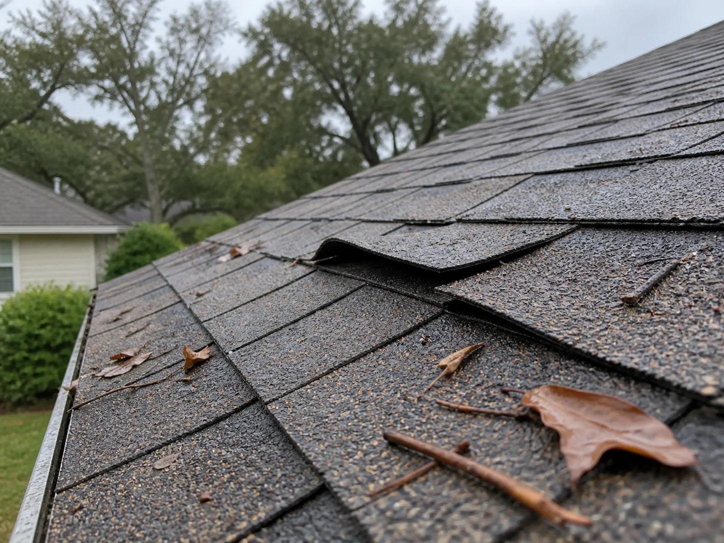 Lifted shingle edges with small twigs and leaves after rain.