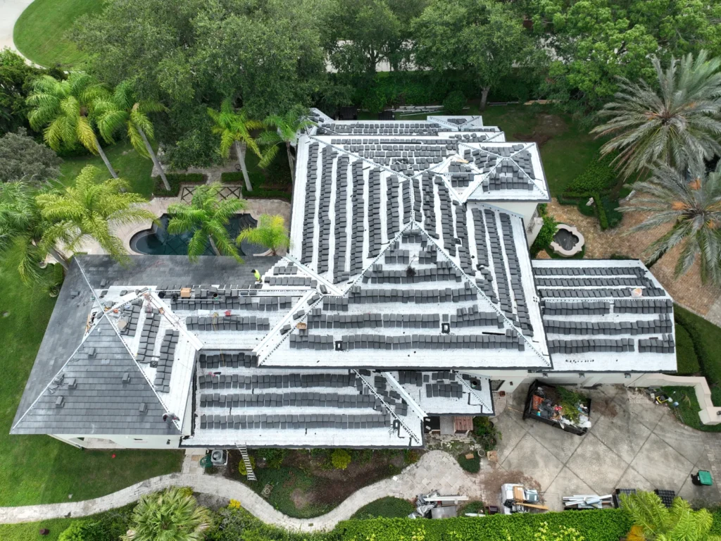 Aerial view of the Windermere roof during early replacement work