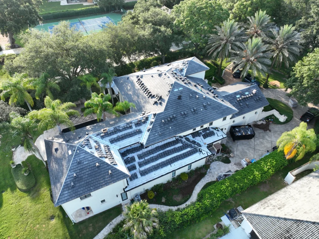 Aerial view of underlayment and tile installation in Windermere