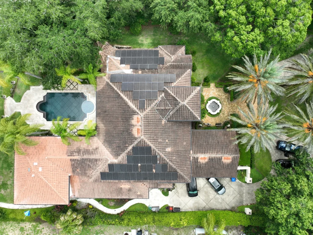 Overhead view of the existing Windermere tile roof before replacement