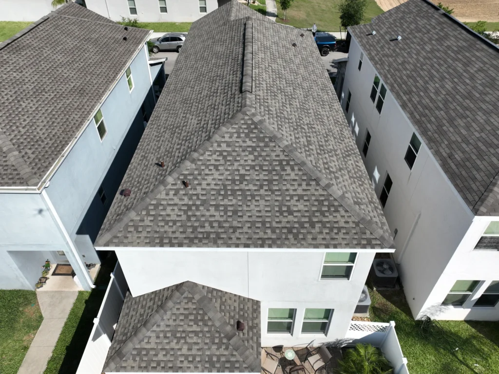 Angled aerial view of the completed GAF HDZ roof