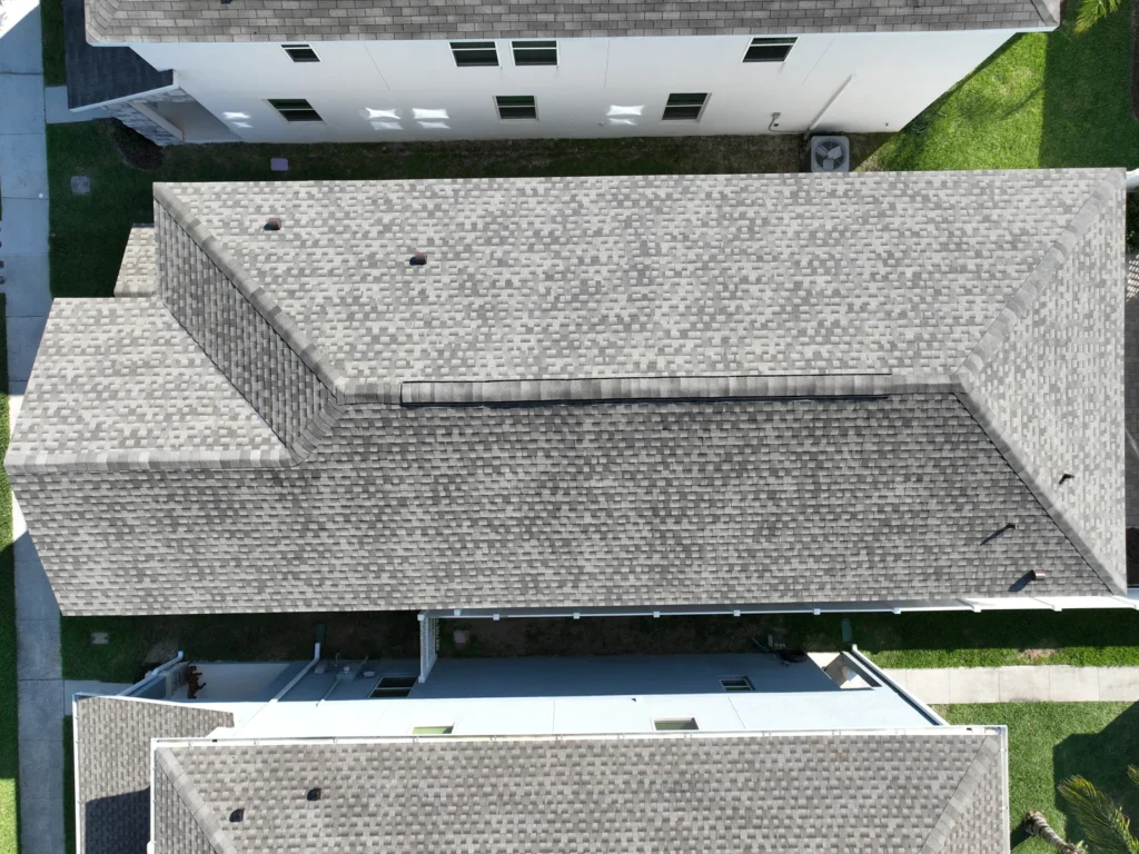 Overhead aerial view of the completed Winter Garden shingle roof