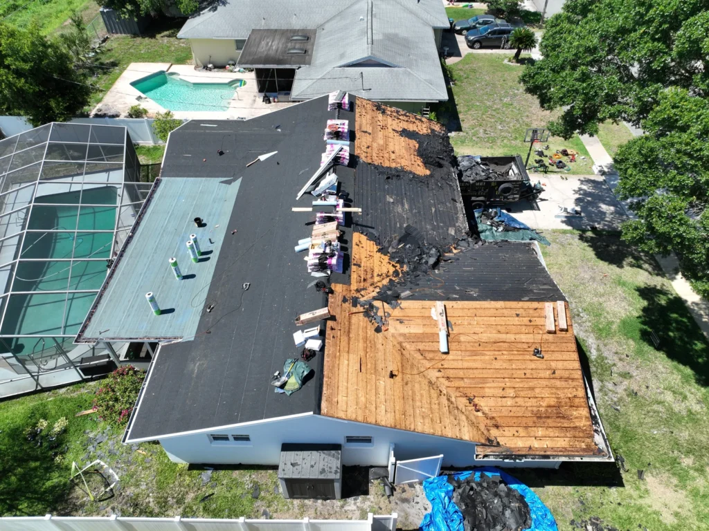 Aerial view of the Winter Park roof replacement in progress