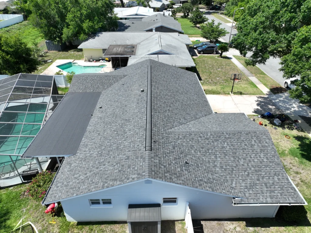 Rear aerial view of the completed Winter Park mixed-slope roof