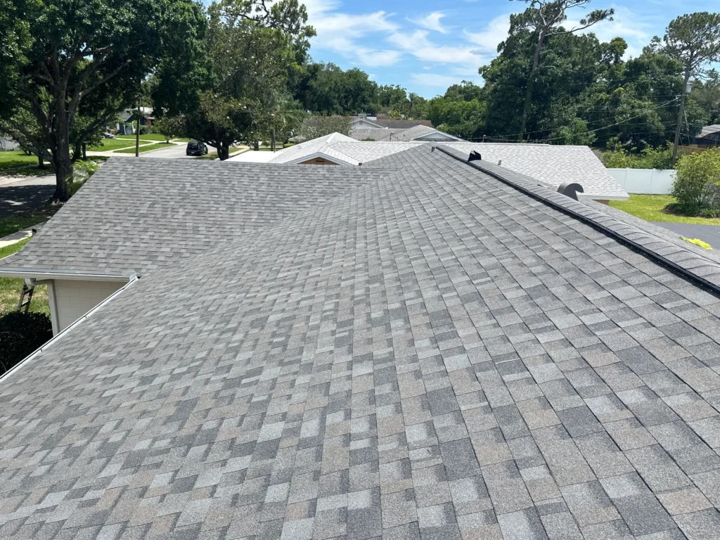 Close view of the completed shingle roof in Winter Park